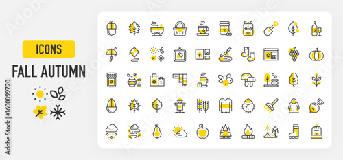 Fall autumn icons. 4 Seasons, Radish, Leaf, Bench, Fall Photo, Rain Coat, Leaf, Beehive, Pumpkin, Wind, Rain Cloud, Pear, Apple, Tree, Fire, Camping, Boot vector stroke illustration.	
