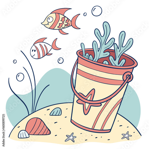 Two cute cartoon fish swim near a sand bucket filled with coral and seaweed on a sandy