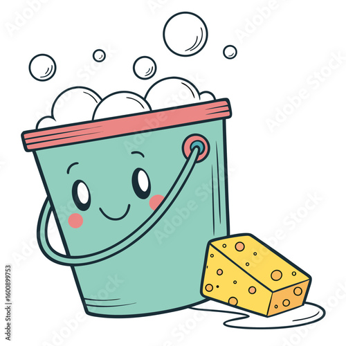 A happy smiling cartoon bucket filled with soap bubbles and a yellow sponge sits