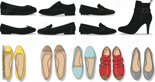 Flat vector illustration of various women’s shoes, elegant footwear collection, casual and formal styles, colorful and black designs, CAD drawing for fashion presentation useFlat vector 