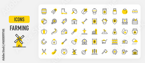 Farming icons. Potatoes, Corn Flour, Gloves, Horseshoe, Water Well, Broccoli, Milk Tank, Chicken, Silo, Sprout, Harvest, Honey Jar, Pig, Wheat, Cabbages vector stroke illustration.	
