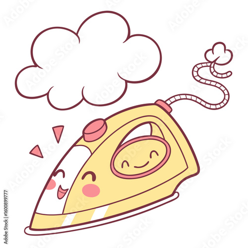 A cheerful smiling cartoon iron with steam coming out of it is ready to press