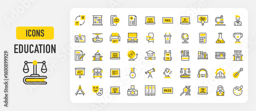 Education icons.  Pass, Painting, Fail, Classroom, Printer, Exam, ID, Theater, Projector, Graduation Cap, Graphic Design, Professor, Chemical, Online Learning vector stroke illustration.