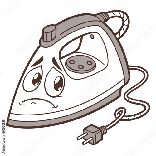 A sad and worried cartoon iron with a frowning face expresses frustration and