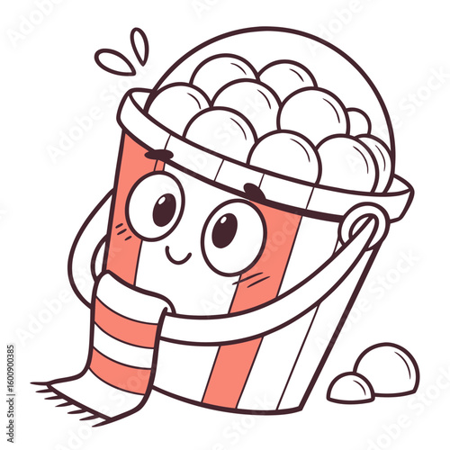 A cute cartoon bucket filled with bubbles and wearing a scarf happily prepares for a