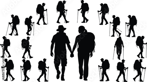 Silhouettes of hikers trekking with backpacks, outdoor adventure, scenic journey, nature exploration, walking companions, active lifestyle, teamwork, travel, togetherness