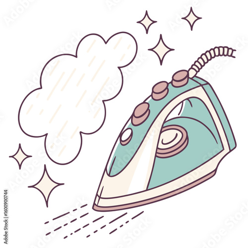 A modern electric steam iron with a cord and buttons used for smoothing wrinkles on