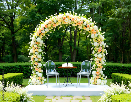 Wedding reception tables with a green accent and an outdoor summer wedding tent embellished with hanging greenery.