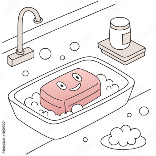 A happy smiling bar of pink soap sits in a white soap dish filled with suds and