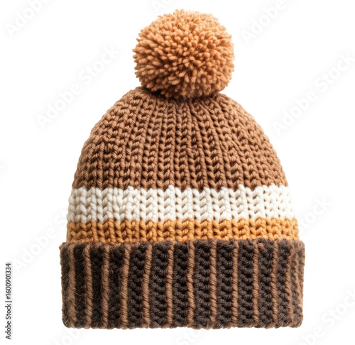 Cozy brown and cream knitted winter hat with pom pom isolated on transparent background