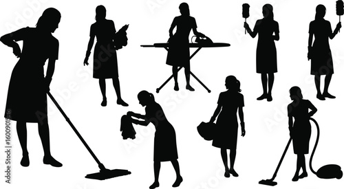 Silhouette of women cleaning, ironing, vacuuming, dusting, housekeeping tasks, domestic work, home chores, housework, cleaning equipment, lifestyle stock photo