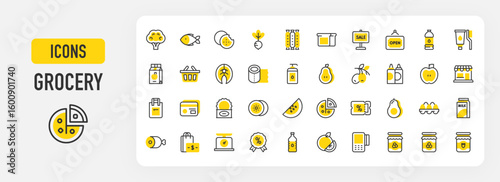 Grocery icons. Olives, Eggs, Shop, Pos, Jam, Discount, Milk, Avocado, Orange, Credit Card, Ketchup, Can, Honey, Bottle Of Water, Radish, Money, Scale, Badge vector stroke illustration.	
