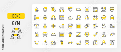 Gym icons. Protein Shake, Sneakers, Calendar, Whistle, Jump Rope, Boxing Gloves, Slim, Chest Expander, Leg Press, Muscle, Stationary Bike, Water Bottle vector stroke illustration.	
