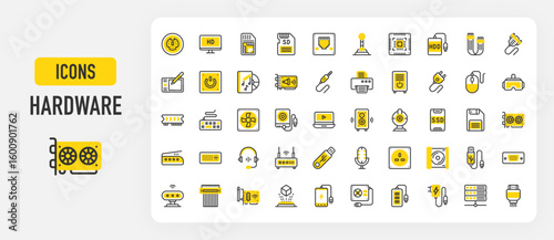 Hardware icons. Adapter, Graphic Card, VGA, Sim, Microphone, RAM, Power Plug, Switch, Augmented Reality, Ribbon Cable, CPU Tower, SSD, Joystick, Server, PCI vector stroke illustration.	