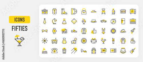 Fifties icons. Bandana, Electric Guitar, Record Player, Car, Telephone, Fridge, Fedora Hat, Star, 50s, Milkshake, Leather Jacket, Bowling, Gramophone, Heels vector stroke illustration.	