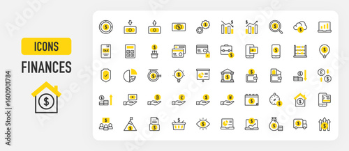 Finance icons. Chart Down, Pound, Bank, Chart Up, Money, Pie Chart, Eye, Profit, Money Loss, Shield, Bar Chart, Money Bag, Yen, Dollar, Wallet, Light Bulb vector stroke illustration.	
