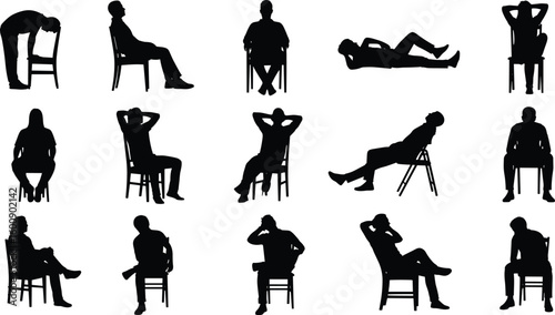 Silhouette of diverse people seated in chairs, expressing relaxed, pensive, and creative poses, ideal for design, art, and marketing projects.