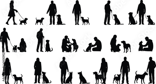 Human and dog interaction set, silhouette people walking and playing with dogs, pet companionship concept, animal bonding clipart, dog lover artwork, friendship scenes