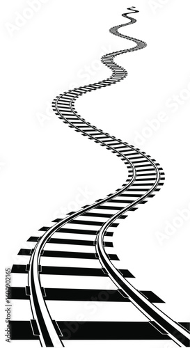 An isolated curved railroad track extending into the distance and disappearing