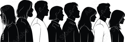 Diverse silhouettes standing in line, people queue illustration, unity and teamwork concept, black and white art, group collaboration, crowd