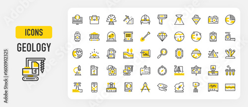 Geology icons. Mobile Map, Soil, Dinosaur, Diamond, Shovel, Soil, Drilling Rig, Oil Rig, Seismograph, Oil Mining, Field Controller, Mine, Presentation vector stroke illustration.	
