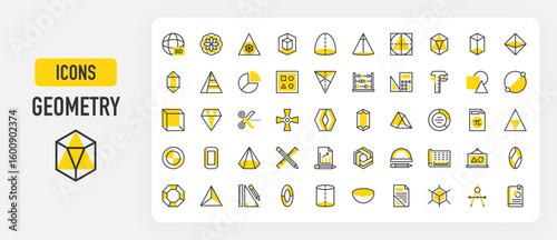 Geometry icons. Geometrical, Diameter, Hemisphere, Hexagonal, Cylinder, Compass, Graph, Tetrahedron, Pencil, Circle, Drawing, Cube, Document vector stroke illustration.	
