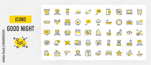 Good night icons. Sleep, Sleepy, Pillow, Night Cream, Doll, Blanket, Sleeping Mask, Pizza, Toilet, Sleep, Nightcap, Alarm Clock, Pills, Record Player, Tooth vector stroke illustration.	