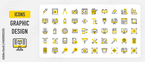 Graphic design icons. Motion Graphic, Ruler, 3d Modeling, Website, Infographic, Computer, Paint Roller, Eye, Video Editing, AI, Magic Wand, Infographics vector stroke illustration.	
