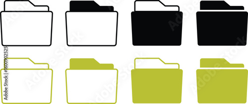 Set of file folder icons in fill, outline, and green style. Includes simple document directory symbols ideal for organizing, storing, and managing digital files or folders in UI/UX and web design.