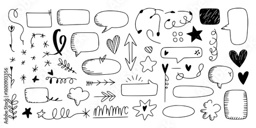 Hand-Drawn Doodle Elements: A charming collection of black and white vector illustrations featuring speech bubbles, arrows, hearts, stars, and decorative flourishes, perfect for design projects.