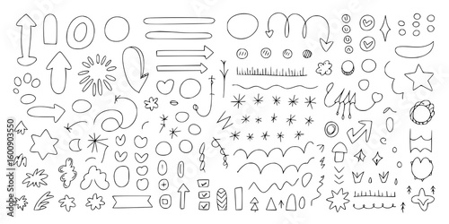 Hand-Drawn Doodle Collection: A playful set of black and white line art illustrations featuring arrows, shapes, stars, and decorative elements, perfect for design projects.