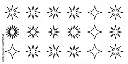Starburst Collection:  A set of 18 monochrome line art star illustrations, featuring various point counts and styles for design and commercial use.