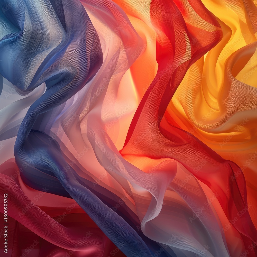 Obraz premium Abstract image of flowing, translucent fabric in shades of blue, red, and orange, creating a dynamic, colorful composition with light interplay