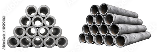 Set of Stacked Concrete Pipes, Isolated on Transparent Background.