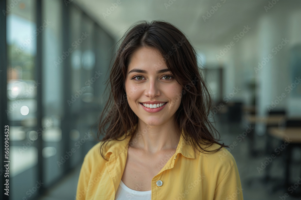 Smiling young woman with dark hair wearing a yellow shirt indoors Smiling young woman with dark hair wearing a yellow shirt indoors