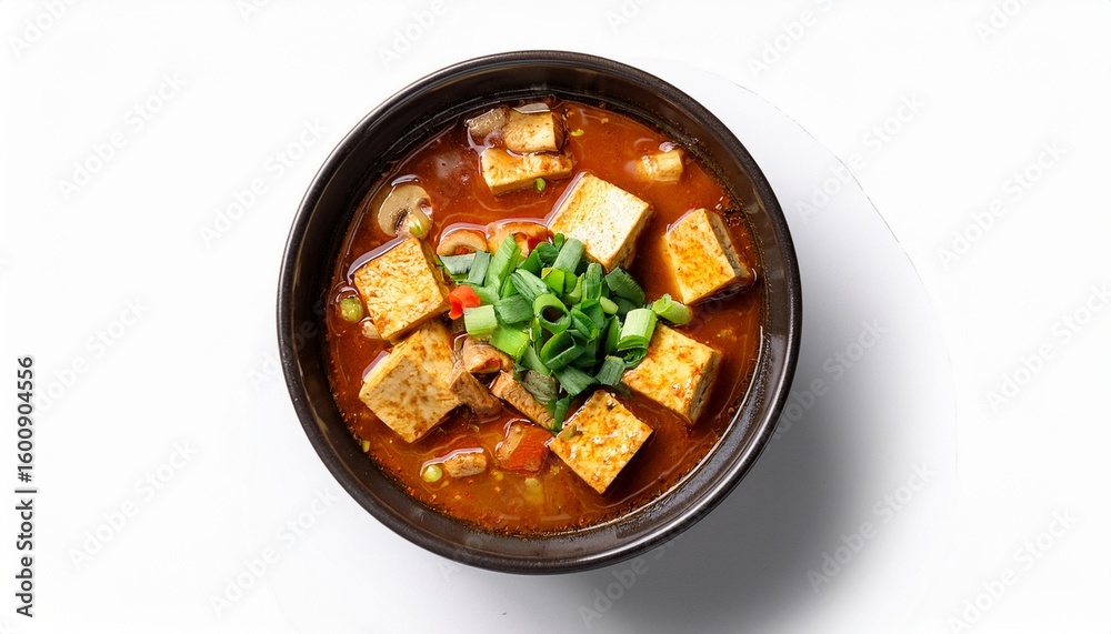 spicy tofu stew in a bowl with garnishes cut out white background spicy tofu stew in a bowl with garnishes cut out white background