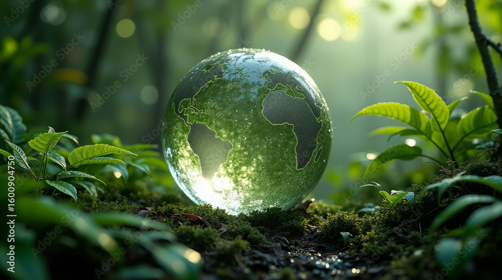 Photorealistic Glass Globe Surrounded by Dew-Covered Ferns in a Tropical Forest Photorealistic Glass Globe Surrounded by Dew-Covered Ferns in a Tropical Forest
