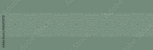 Banner, cover design, wallpaper, fresco. Geometric ethnic pattern on a green background. Embossing, 3D, zentangle. Tribal ornaments, arabesques, mandala of the East, Asia, India, Mexico, Aztecs, Peru.