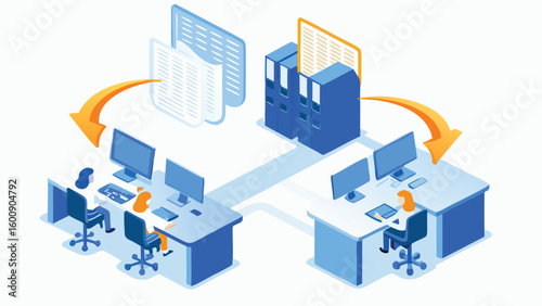 Isometric illustration of data transfer between workstations and server with arrows depicting flow