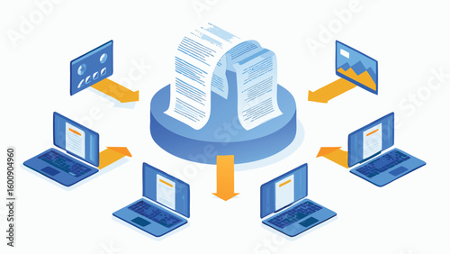 Isometric illustration of data transfer between laptops and screens via a central document platform system