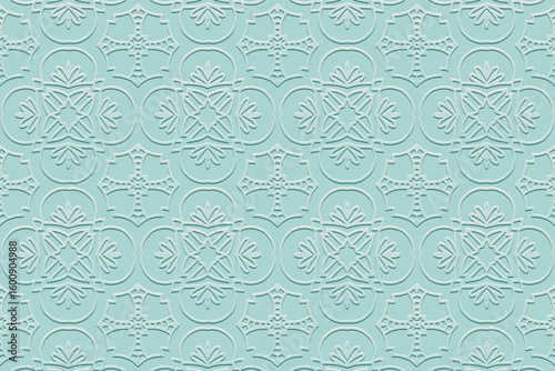 Ethnic turquoise background, tribal design cover, banner, wallpaper. Geometric extravagant pattern.
Embossed 3D ornaments, arabesques, mandala of the East, Asia, India, Mexico, Aztec, Peru.