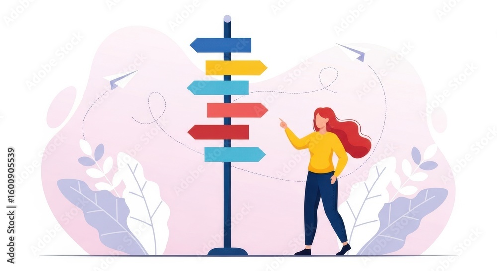 Obraz premium A woman stands at a signpost with multiple directional arrows contemplating which path to take