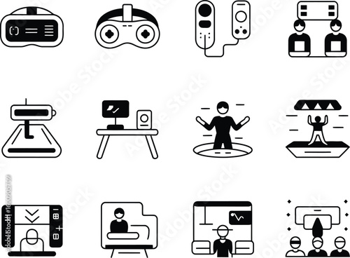 Collection of modern technology and virtual reality icons in a doodle style