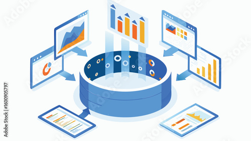Isometric illustration of data flowing into a central database with various charts and documents around it