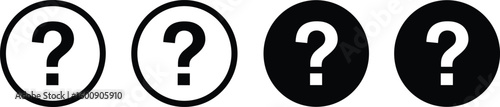 Question mark icon set, bold circle design, black and white vector graphics, mystery symbols, uncertainty concepts, quiz elements, knowledge test icons, minimalist style