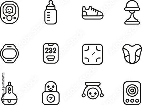 Collection of baby and child care icons in a simple line art style
