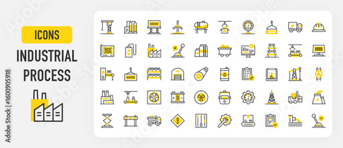 Industrial process icons. Metallurgy, Lever, Stocks, Factory, Waste, Blueprint, Maintenance, Mining, Nuclear Plant, Power Line, Container, Forklift, Lift vector stroke illustration.	
