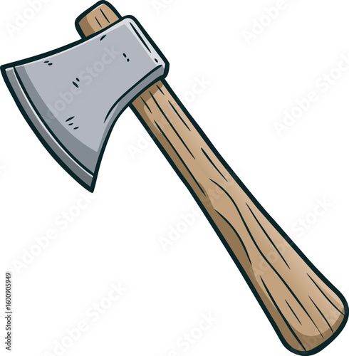 A cartoon illustration of a sharp metal axe with a textured wooden handle, presented isolated on a clean white background.