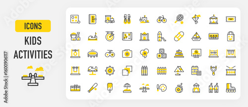 Kids' activities icons. Blocks, Playground, Tennis, Bicycle, Trampoline, Kiddie Ride, Cubes, Sand Castle, Color Palette, Construction, Ticket, Abacus, Book vector stroke illustration.	
