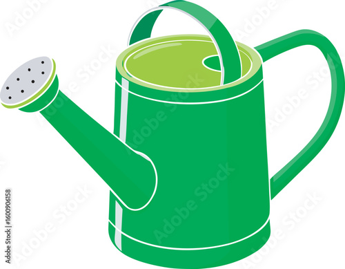 A vibrant green watering can with a long spout and a curved handle is shown isolated on a clean white background.
